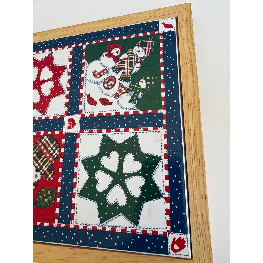 Hallmark Christmas‎ Snowman Patchwork Quilt Framed Ceramic Trivet Thailand 7in
